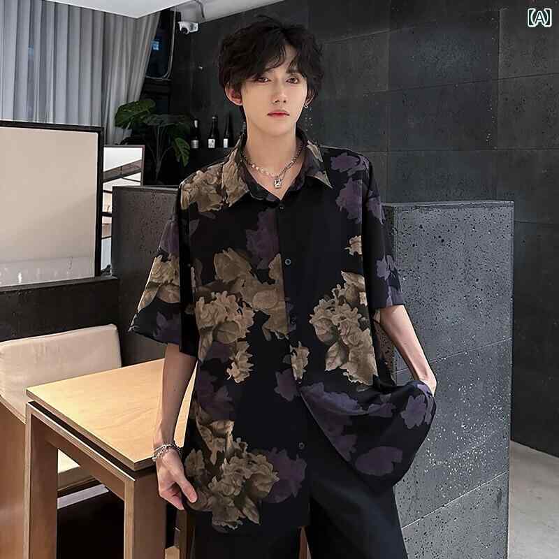 半袖 シャツ 夏 冷感 涼しげ 滑らか メンズ 高級感 ファッション レトロ 花柄 ゆったり おしゃれ 大きいサイズ トップス