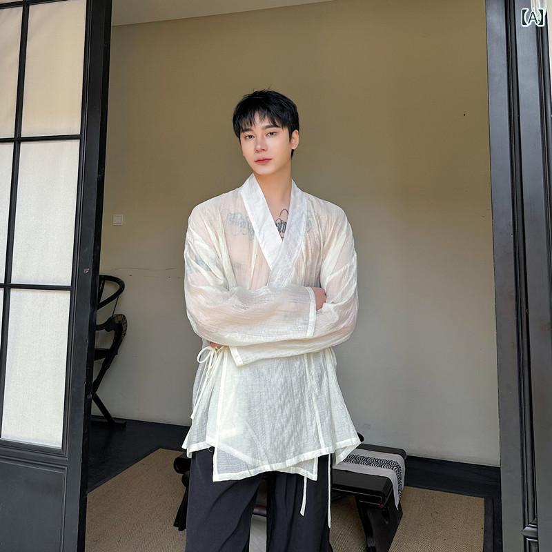 シャツ トップス メンズ 夏 薄手 斜め前立て レースアップ わずかにシースルー 涼感 カジュアル ジャケ..