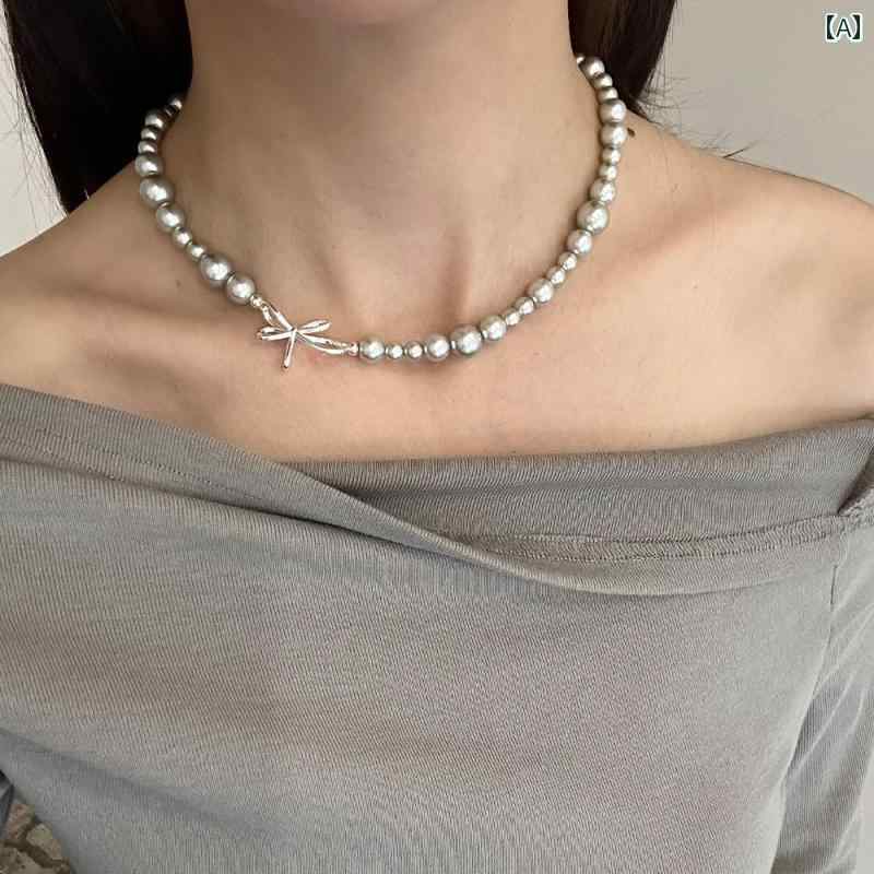 女性 グレー パール ネックレス レディース 高級感 チェーン 鎖骨 チョーカー アクセサリー リボン シンプル かわいい