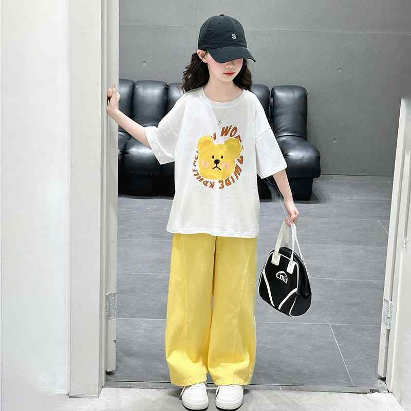 Tシャツ パンツ セットアップ 女の子 夏 スーツ 子供用 ゆったり 半袖Tシャツ ワイドレッグパンツ ツーピース 小学生 中学生 クール スタイリッシュ キュート おしゃれ カジュアル 通学 デイリー