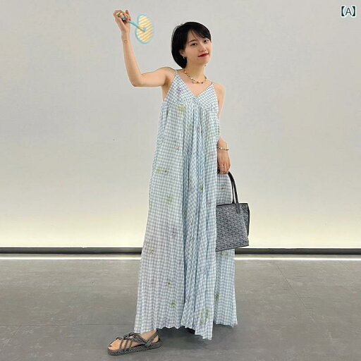 ワンピース レディース 大人 フレンチ レトロ チェック柄 サスペンダー プリーツ ドレス リゾート 夏 スリム バックレス ワイド スイング ビーチ スカート ワンピース レディース 大人 フレンチ レトロ チェック柄 サスペンダー プリーツ ドレス リゾート 夏 スリム バックレス ワイド スイング ビーチ スカート