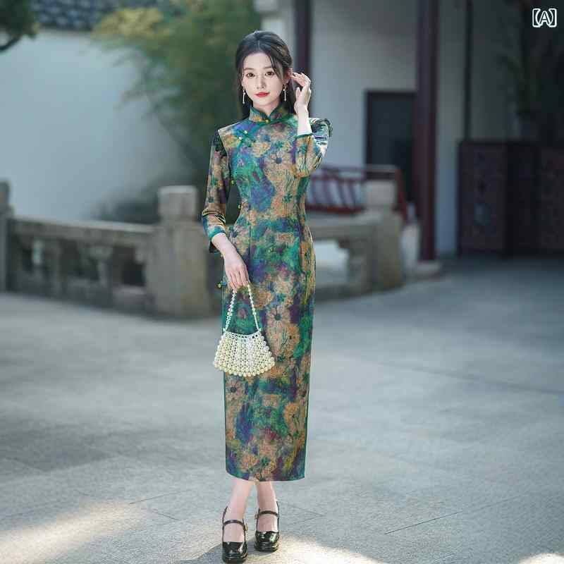 レディース チャイナドレス 高級感 中華風 レトロ ノスタルジック 伝統的 エレガント モダン フェミニン スタイリッシュ ロング 春秋