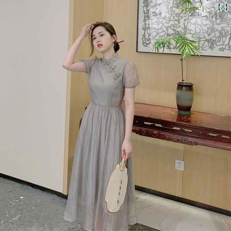 China Dress - レディース チャイナドレス 高級感 中華風 レトロ ノスタルジック 伝統的 エレガント モダン フェミニン 夏 個性的 民族風