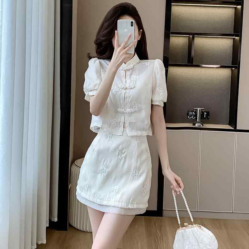 レディース 夏 チャイナ風 ホワイト レース セットアップ 刺繍入り シンプル フレンチ レトロ おしゃれ