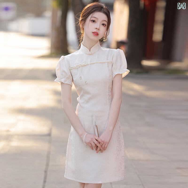 レディース チャイナドレス 高級感 中華風 レトロ ノスタルジック 伝統的 エレガント モダン フェミニン カジュアル 夏 ミニ丈 ジャカード(4)