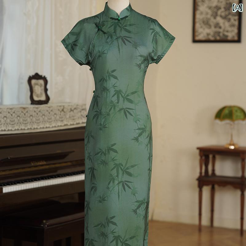チャイナ ドレス ダークグリーン 竹 プリント 半袖 斜めラペル 中華風 ボタン付 ロング丈 スリット カジュアル エレガント レトロ 高級 スリム 夏 レディース 軽量 ソフト 日常着 フォーマル