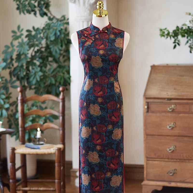 チャイナドレス レディース ファッション ノースリーブ 斜め襟 若年層 日常着 フラワーモチーフ 涼感 レトロ モダン エレガント 洗練 クラシック 細見