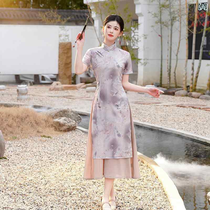 アオザイ チャイナ ドレス 高級感 上品 夏 レディース エレガント レトロ 古風 シンプル パープル 華やか
