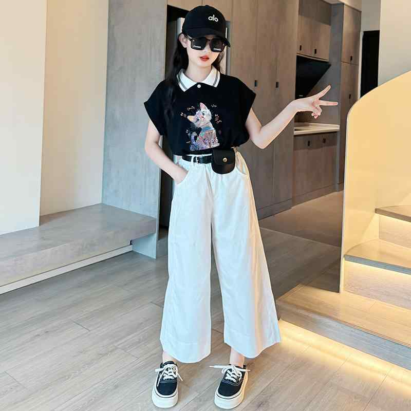 ポロシャツ パンツ セットアップ 女の子 夏 スーツ 子供用 スタイリッシュ 半袖 ワイドレッグパンツ ツーピース 小学生 中学生 クール スタイリッシュ キュート おしゃれ カジュアル 通学 デイリー