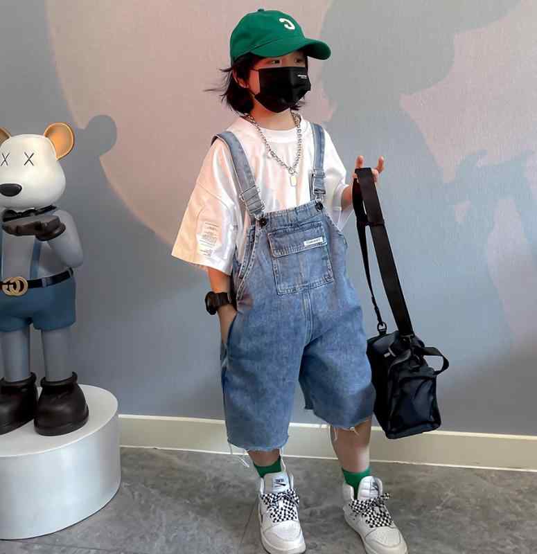 楽天ラ・グラーヌキッズ 夏 デニム オーバーオール カジュアル ジャンプスーツ 韓国 サロペット 休日スタイル 動きやすい 伸縮性 涼感 ユニセックス