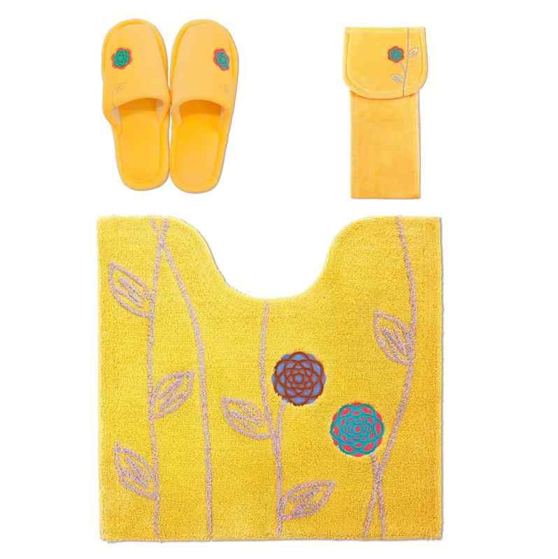 PVD 金運の黄色 トイレマット セット 3点 北欧 （60×64cmトイレマット+ スリッパ + ペーパーホルダーカ..