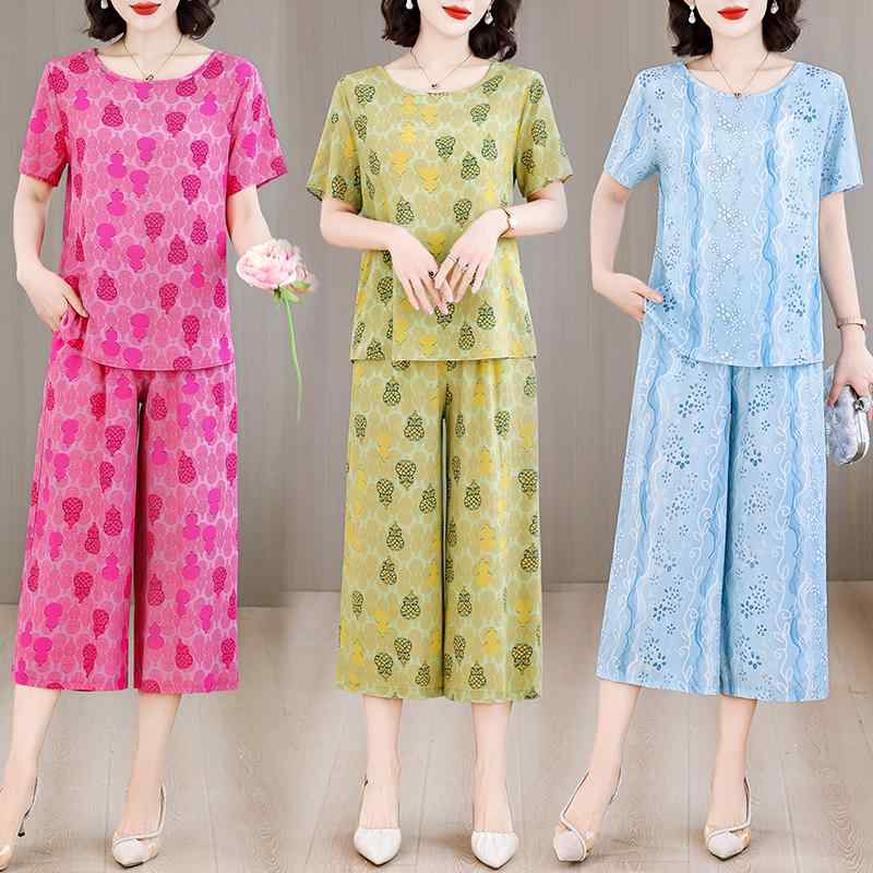 セットアップ 高級感 選べるデザイン カラバリ豊富 ワイドレッグパンツ ゴムウエスト スーツ 女性 夏 7分丈ズボン 通気性 半袖 ラウンドネック ママコーデ レディース