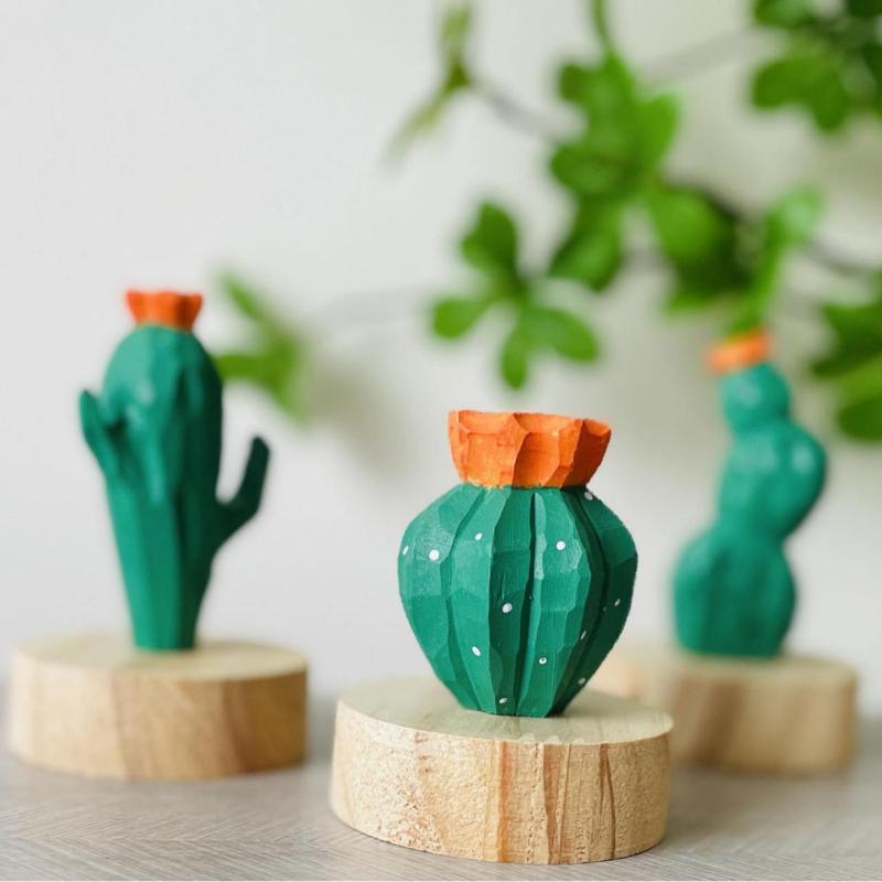 木彫り 置物 小物 サボテン かわいい ミニチュア インテリア 卓上 装飾 癒し オーナメント スカルプチ..