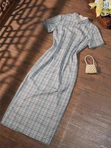 チャイナドレス レディース 大人かわいい 普段使い ブルー チェック柄 夏服 女の子 ロングスカート レギュラー レトロ カジュアル ファッション チャイナドレス レディース 大人かわいい 普段使い ブルー チェック柄 夏服 女の子 ロングスカート レギュラー レトロ カジュアル ファッション