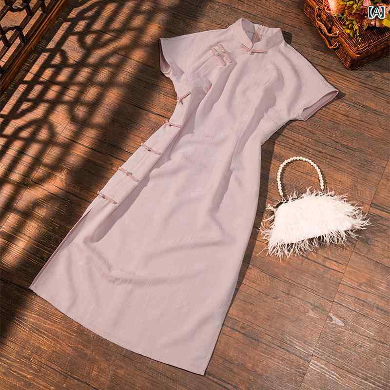 チャイナドレス レディース レトロ ワンピース ピンク 女の子 ドレス レギュラー ミディスカート かわいい おしゃれ きれいめ(4)