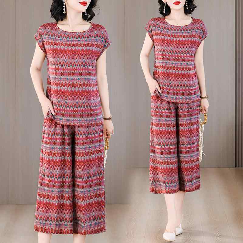 セットアップ 高級 スーツ 女性 ゆったり 夏 エレガント ツーピース 半袖 7分丈ズボン リラックス 2点セット ラウンドネック 動きやすい 通気性 涼感