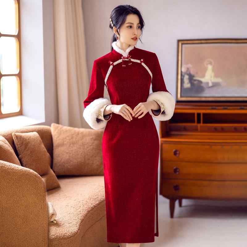 チャイナドレス 女性 長袖 チャイナ風 オープンラペル ドレス風 パイピングカット 婚礼 モダン セレモニー レディース 冠婚葬祭 おしゃれ