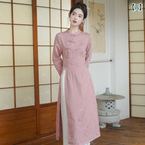 中国 チャイナ ドレス レディース 茶芸服 セット 禅 瞑想 唐装 春秋 エレガント 上品 クラシック ピンク