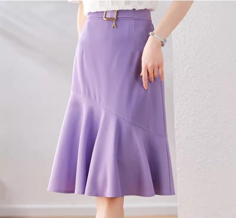 スカート レディース 夏 女性 韓国 シフォン フリル フィッシュテール ロング スカート ハイウエスト Aライン ゴム 調整 スリム フィット フレア エレガント 通勤 オフィス 軽量 柔らかい(4)