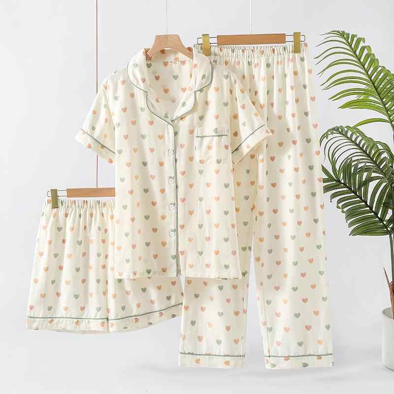 パジャマ ルームウェア レディース コットン ガーゼ 3点セット 半袖 ショート パンツ 薄手 柔らか素材 夏 シンプル ナイトウェア