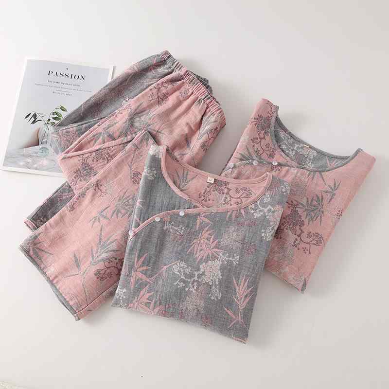 パジャマ ルームウェア ラウンドネック レディース コットン ダブル ガーゼ 先染め ジャカード 長袖 パンツ レトロ 春夏 部屋着