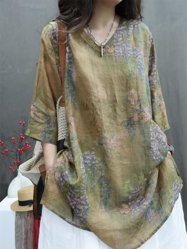 シャツ ブラウス オーバーブラウス 夏 プリントシャツ レトロ カジュアル ゆったり Vネック ミドルスリーブ ミドル丈 おしゃれ カジュアル 通勤 休日 リゾート デイリーユース 万能コーデ