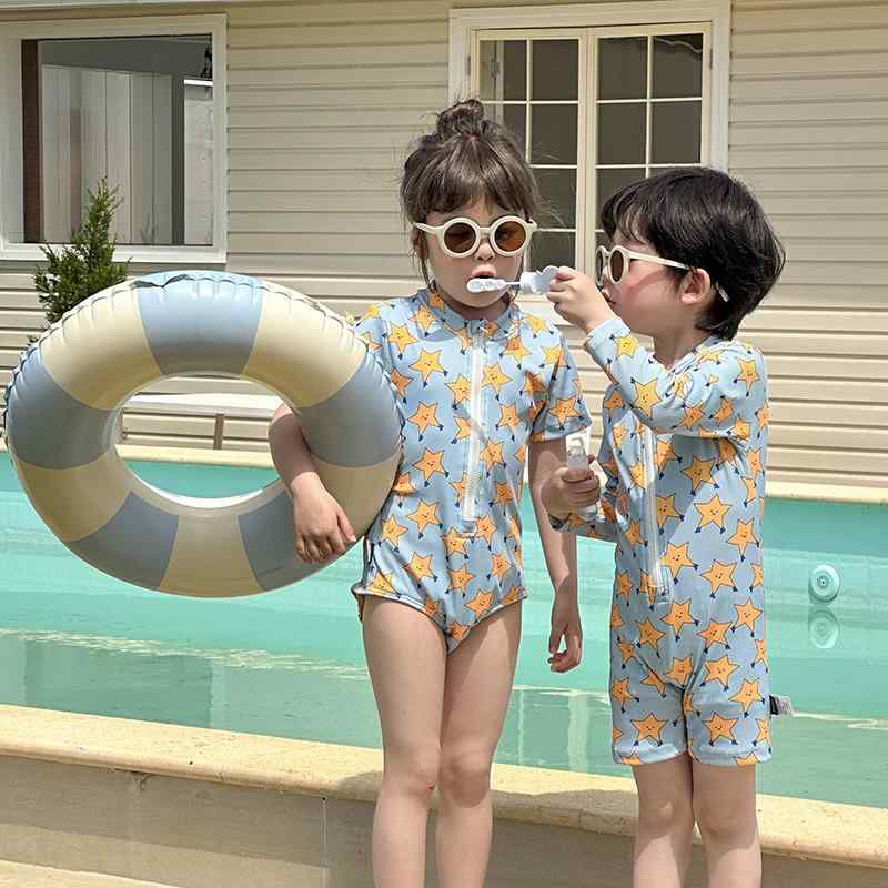 兄弟 姉妹 子供用 水着 五芒星 男の子 女の子 ワンピース プール かわいい ベビー 長袖 日焼け防止 速乾