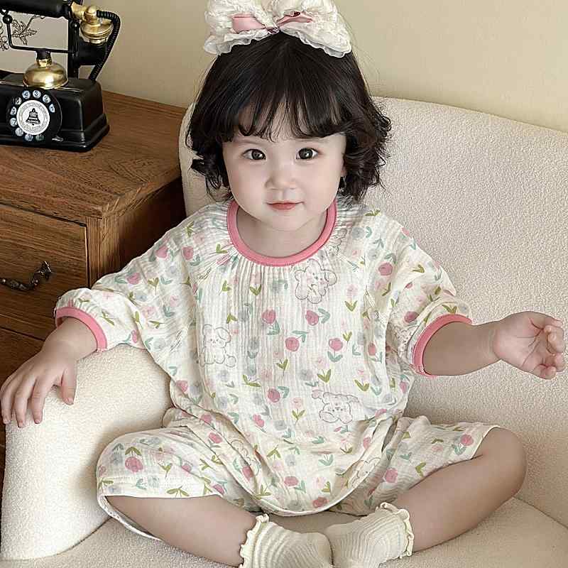 キッズ 幼児 パジャマ 部屋着 夏 ベビー ホーム 薄手 コットン リネン 子供用 男の子 女の子 七分袖 シンプル 快適 ナイトウェア