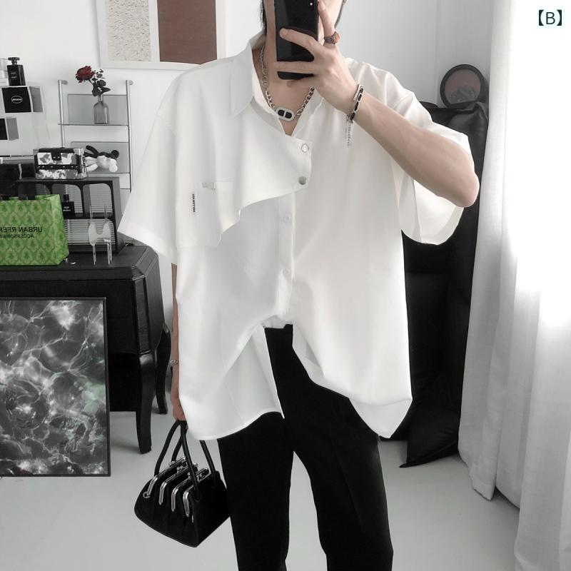 シャツ トップス メンズ 夏 ハイエンド クール 無地 ファッション アシンメトリー サイド 重ね着風 半袖 デザイン性
