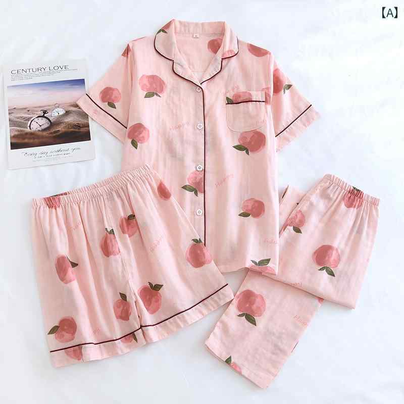 パジャマ ルームウェア レディース 3点セット コットン ガーゼ 半袖 快適 ゴムウエスト 前ボタン ナイトウェア