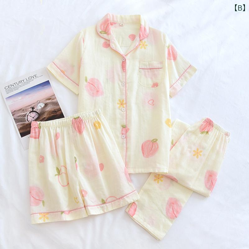 パジャマ ルームウェア レディース 3点セット コットン ガーゼ 半袖 快適 ゴムウエスト 前ボタン ナイトウェア