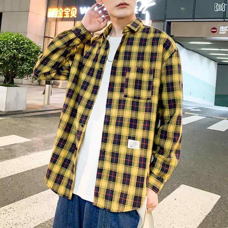 シャツ トップス メンズ チェック柄 長袖 レトロ 学生 プリント おしゃれ シンプル カジュアル スタイリッシュ リゾート バカンス ホリデー