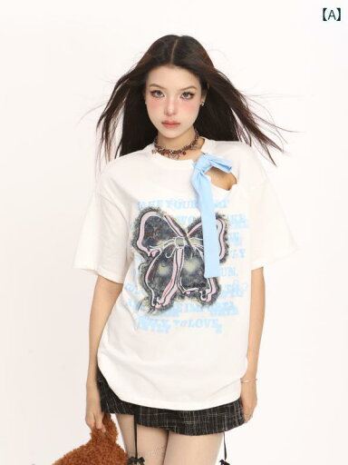 トップス レディース Tシャツ かわいい リボン カジュアル 半袖 夏 ラウンドネック リボン ファッション ストリート ホワイト ピンク デザイン オーバーサイズ トップス レディース Tシャツ かわいい リボン カジュアル 半袖 夏 ラウンドネック リボン ファッション ストリート ホワイト ピンク デザイン オーバーサイズ
