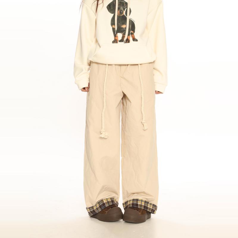 パンツ カジュアルパンツ ストレートパンツ ワイドレッグパンツ チェック柄 フリース 冬 カジュアル シンプル 通学 レジャー 休日 レディース