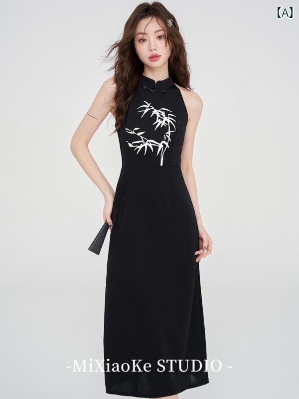 ワンピース チャイナ風 ドレス ブラック レディース 夏 オフショルダー ロングドレス 高級感 シフォン 洗練 フォーマル 女性らしい クラシック