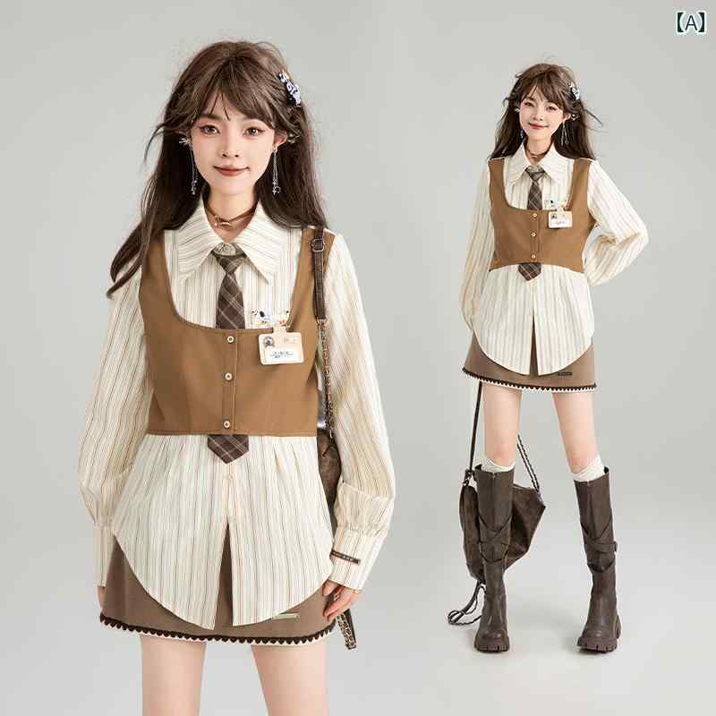 ストライプ 長袖シャツ トップス シャツフェイク ツーピース 重ね着風 女性用 秋 ベスト カラー ブロック ブラウン ガレッジスタイル かわいい 韓国 デート 仕事 万能アイテム