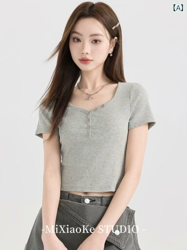 グレー 半袖 Tシャツ レディース 夏 シック ショート丈 トップス カジュアル 無地 ラウンドネック シンプル へそ出し ストリート ファッション グレー 半袖 Tシャツ レディース 夏 シック ショート丈 トップス カジュアル 無地 ラウンドネック シンプル へそ出し ストリート ファッション