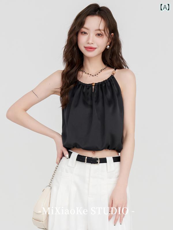 ブラック ショート キャミソールトップス レディース 夏 アウター 美しい ユニーク セクシー クールスタイル レイヤリング おしゃれ 大人かわいい(4)