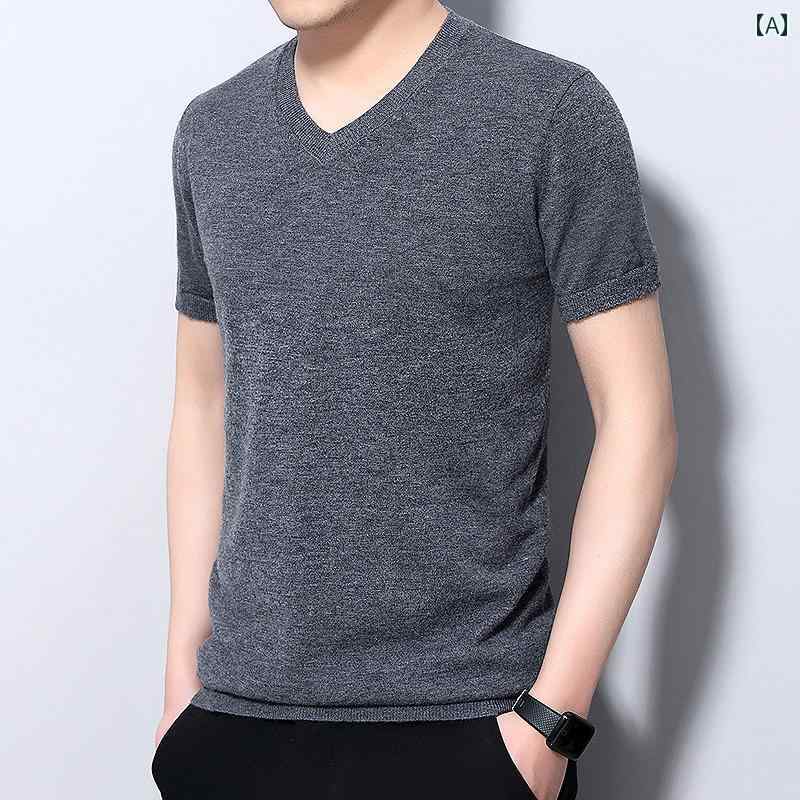 ウール セーター 薄手 半袖 メンズ ニット トップス 春秋 ベーシック カジュアル 無地 Vネック Tシャツ 上品