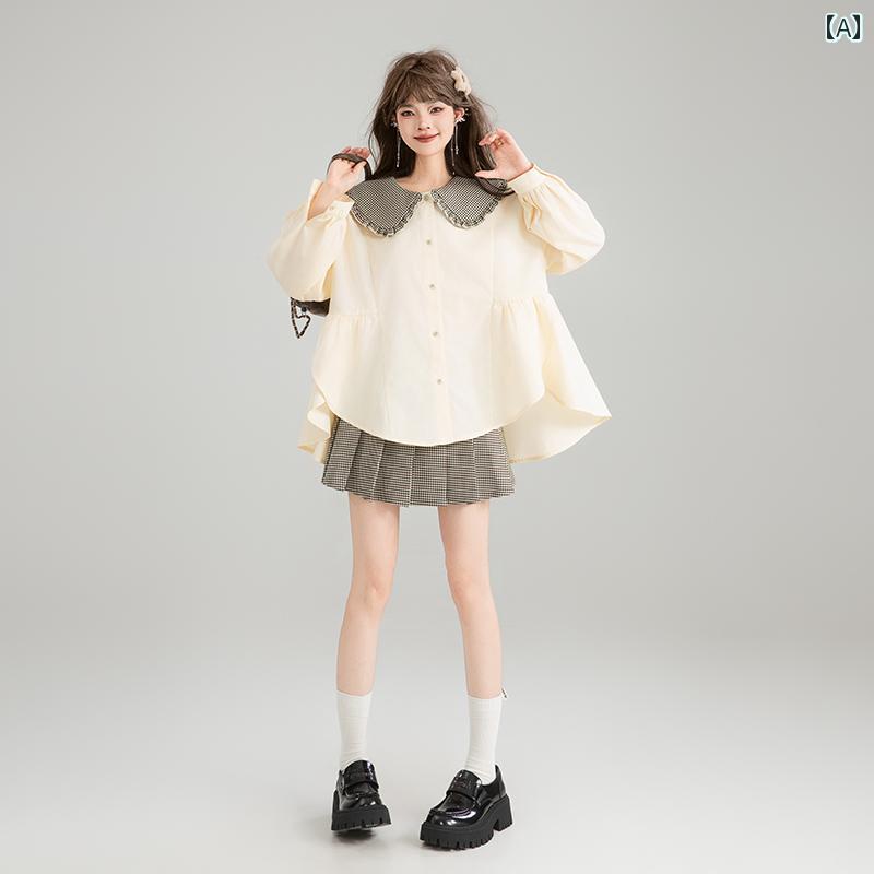 長袖 フレンチシャツ フレア 襟 レディース 秋 パフスリーブ レイヤード おしゃれ かわいい 女子力アップ 上品上質 韓国 モテ服 ゆったり 快適 マタニティ デート 式典 パーティー 万能