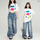 レディース デニムワイドパンツ ジーンズ 秋 グラフィティ プリント ストリート ハイウエスト 脚長 スタイルアップ 韓国 おしゃれ かわいい ファッション 人気 お出かけ レジャー 日常使い 万能