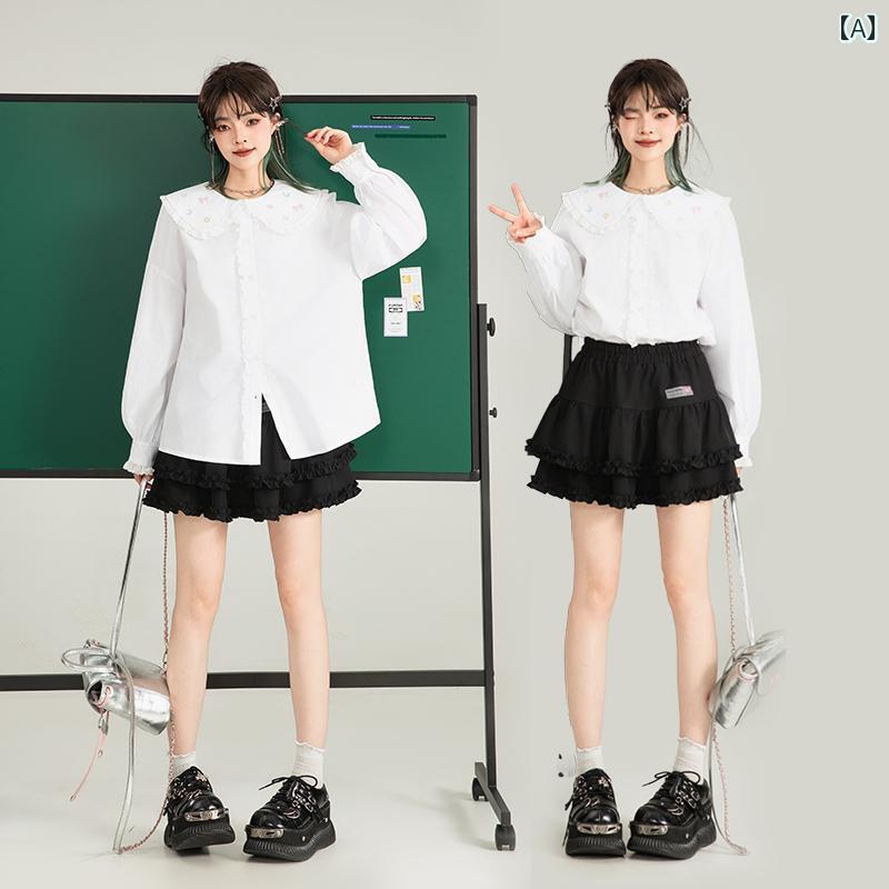 フレンチ刺繍シャツ ホワイト レース トップス ケーキスカート フリル レディース ドール カラー 秋 ガ..