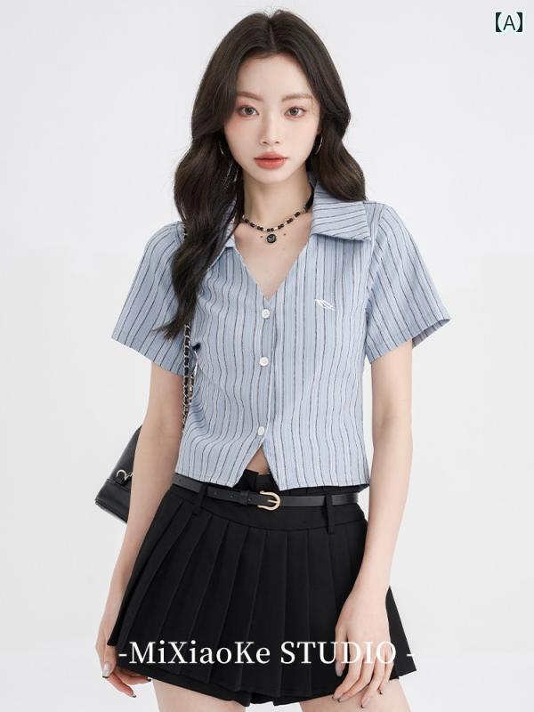 ブルー ストライプ シャツ レディース ガーリー 夏 ショート トップス へそ出し Vネック シック カジュアル スタイリッシュ 半袖 トレンド 韓国 ファッション
