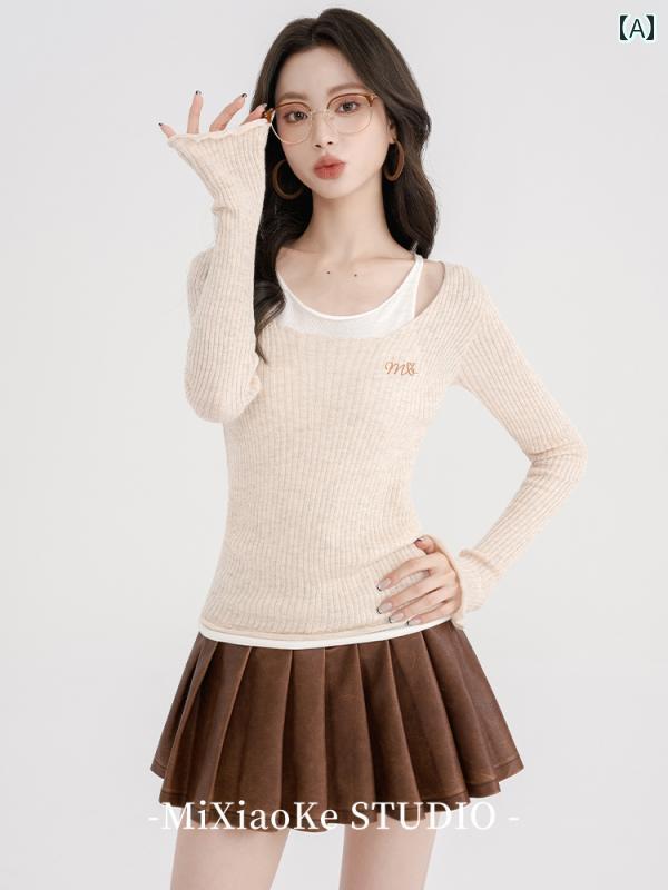 レディース 春夏 女性用 フェイク ツーピース ニット 長袖 女の子 重ね着風 スタイリッシュ カジュアル プリーツ スカート レザー おしゃれ 韓国 ファッション レイヤード