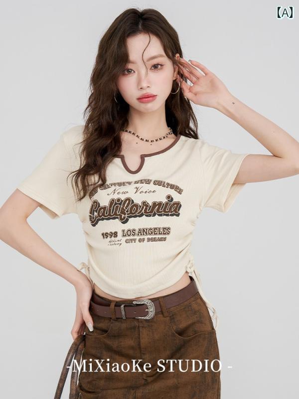 其它 - アメリカン レトロ Vネック 半袖 Tシャツ レディース ガーリー 夏 短丈 カジュアル トレンド 編み上げ ロゴ入り おしゃれ シンプル