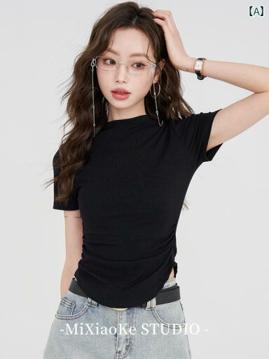 黒 半袖 Tシャツ 夏 レディース 魅力的 女性 ショート トップス シンプル 無地 トレンド カジュアル フィット ウエスト 編み上げ風 黒 半袖 Tシャツ 夏 レディース 魅力的 女性 ショート トップス シンプル 無地 トレンド カジュアル フィット ウエスト 編み上げ風