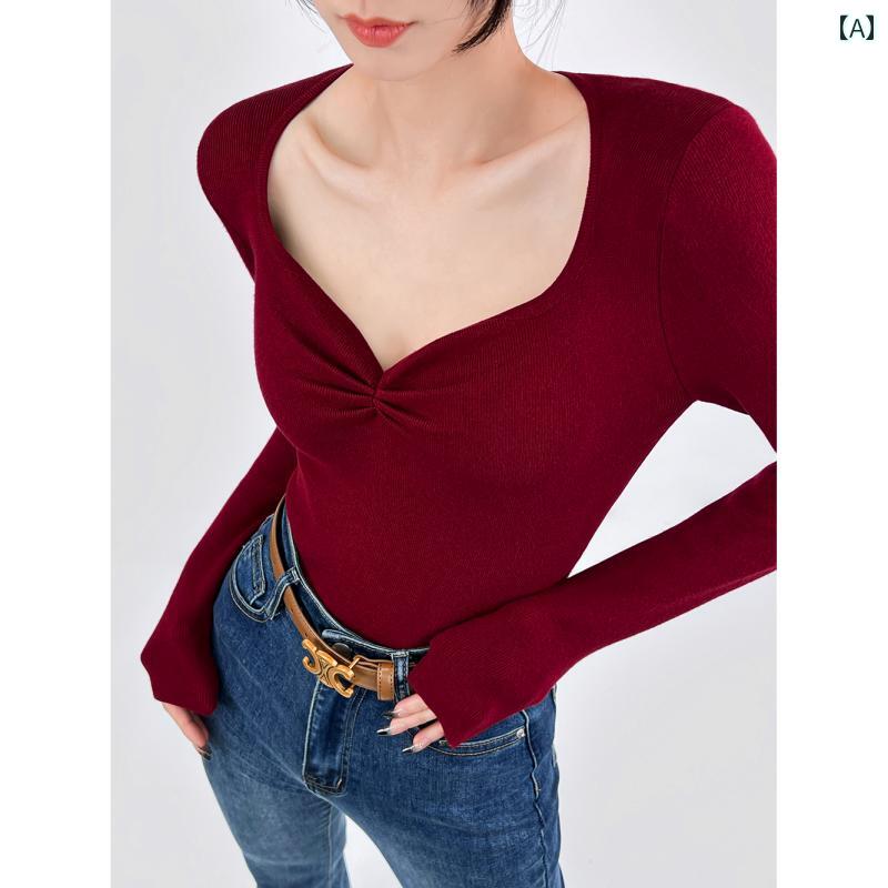 セーター 秋冬服 女性用 ディザイア ハート Vネック スリム ボディ フィット タイト トップス インナー..