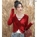 カーディガン 春秋 フレンチ レトロ 赤 短丈 ニット ショート丈 レディース 蝶 結び セーター トップス 甘 ガーリー Vネック ハイウエスト タンクトップ キャミソール チューリップ 刺繍 女子