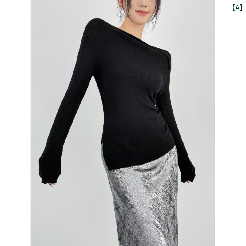 レディース ファッション アシメ オフショルダー ワンショルダー セーター 秋 スリット タイト 長袖 ト..