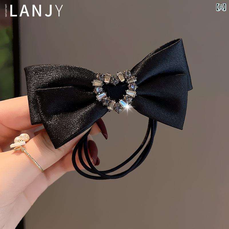 クリスタル ヘアゴム ブラックリボン 韓国 ビジュー キラキラ ヘア ロープ エレガント シンプル ポニーテール アクセサリー 上品 高級感 おしゃれ かわいい 万能アイテム